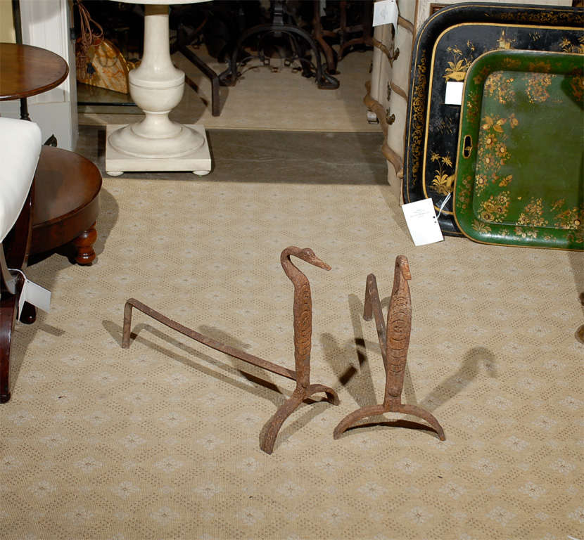 19thC PAIR OF AMERICAN IRON ANDIRONS, FIGURE DUCK<br />
AN ATLANTA RESOURCE FOR FINE ANTIQUES<br />
WE HAVE A VERY LARGE INVENTORY ON OUR WEBSITE<br />
TO VISIT GO TO WWW.PARCMONCEAU.COM