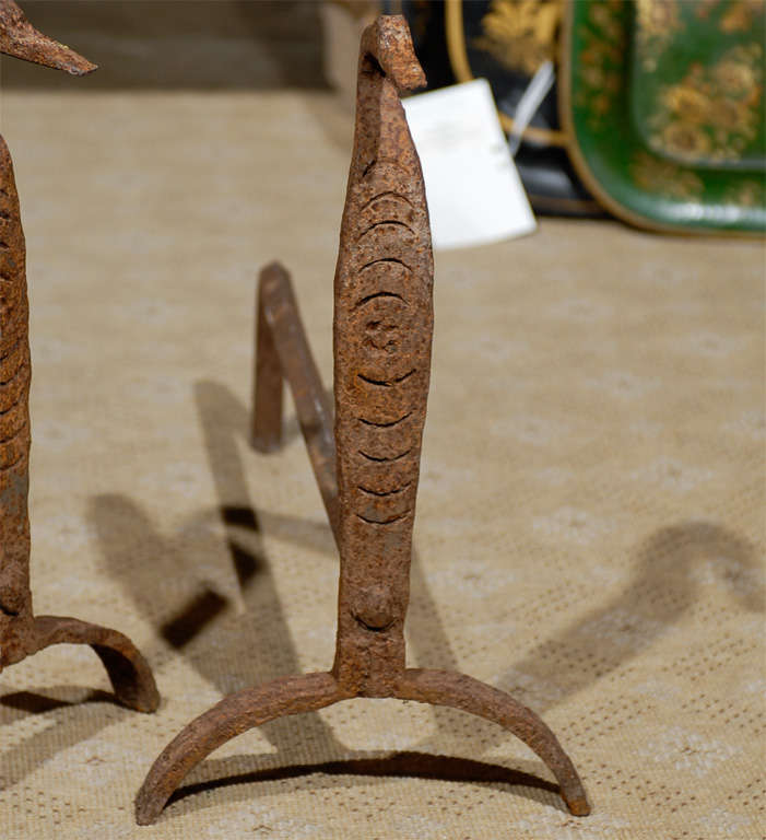 19th Century 19thc Pair Of American Iron Andirons , Figure Duck