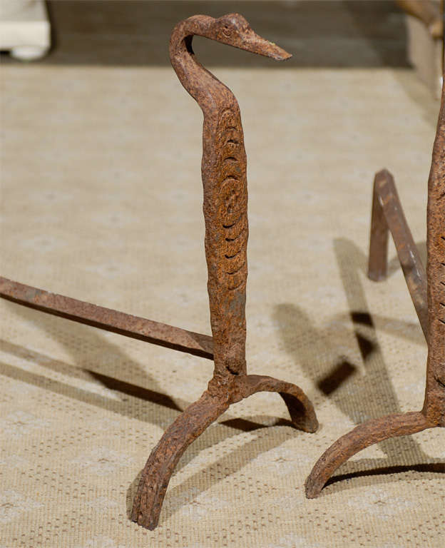 19thc Pair Of American Iron Andirons , Figure Duck 1