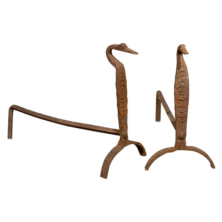 19thc Pair Of American Iron Andirons , Figure Duck