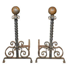 Pair Of 20thc Large Scale  Black Iron Twist Andirons