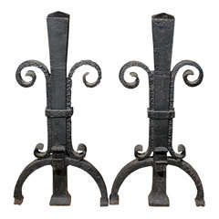 Late 19thc Handsome Black Fleur De Lis Form Andirons