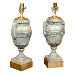 Early To Mid C Alabaster Urn Lamps With Greek Key Motif