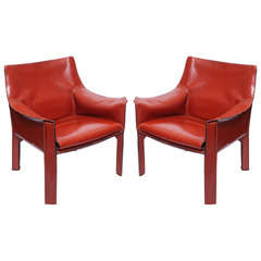 A Pair of Italian 1970's Leather Cab Chairs by Mario Bellini