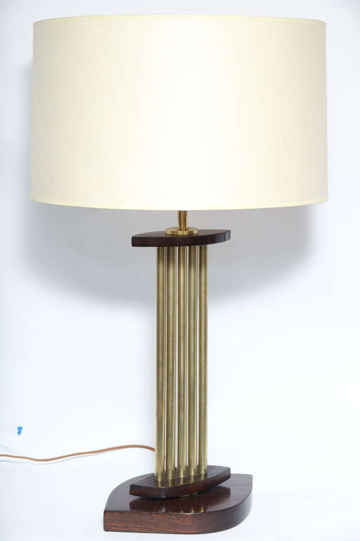 A pair of 1950s architectural brass and wood table lamps
New sockets and rewired
Shades not included