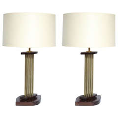 Pair of 1950s Architectural Brass and Wood Table Lamps 12