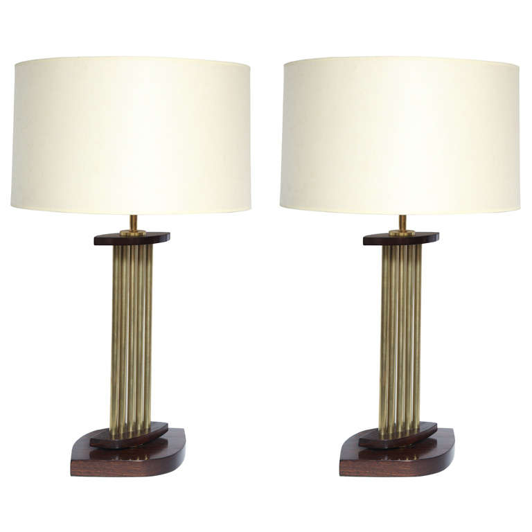  Table Lamps Pair Mid Century Modern Architectural brass and wood 1950's For Sale