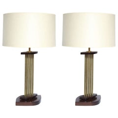  Table Lamps Pair Mid Century Modern Architectural brass and wood 1950's