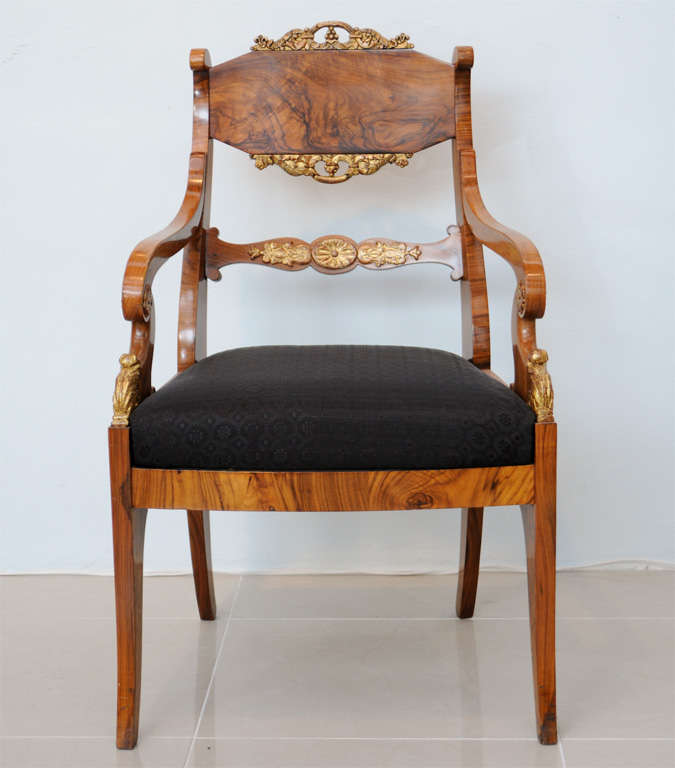 Pair of Russian Neoclassic Circassian Walnut and Parcel-Gilt Chairs