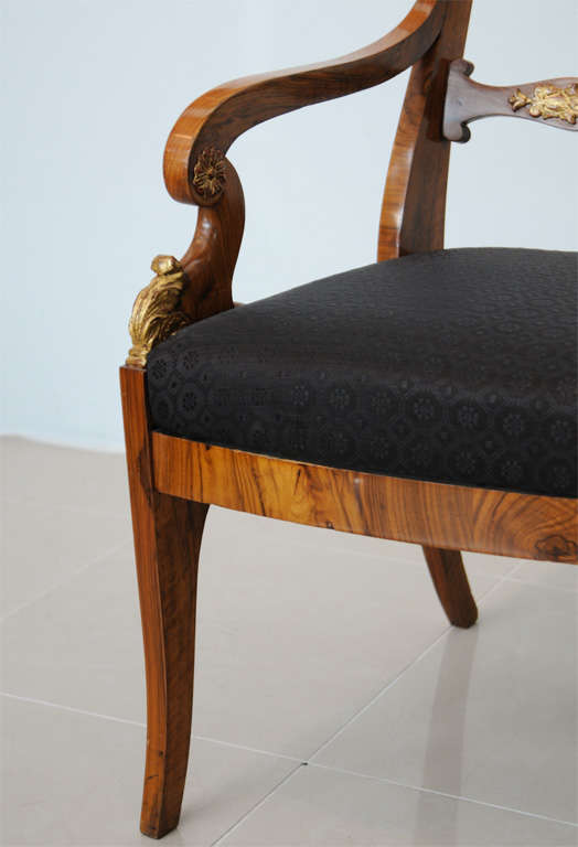 Pair of Russian Neoclassic Circassian Walnut and Parcel-Gilt Chairs For Sale 1