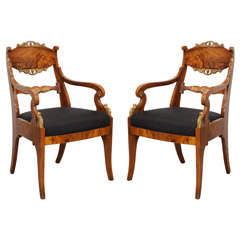 Pair of Russian Neoclassic Circassian Walnut and Parcel-Gilt Chairs