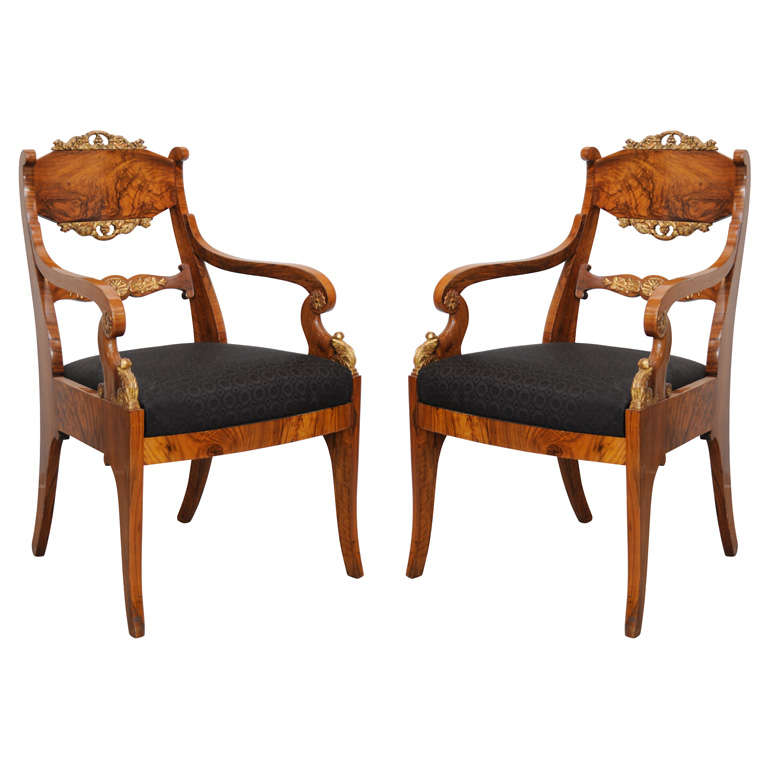 Pair of Russian Neoclassic Circassian Walnut and Parcel-Gilt Chairs