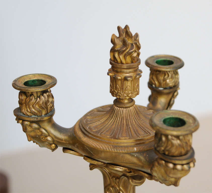 Pair of Directoire Gilt Bronze Three-Light Candelabra In Excellent Condition For Sale In Hollywood, FL