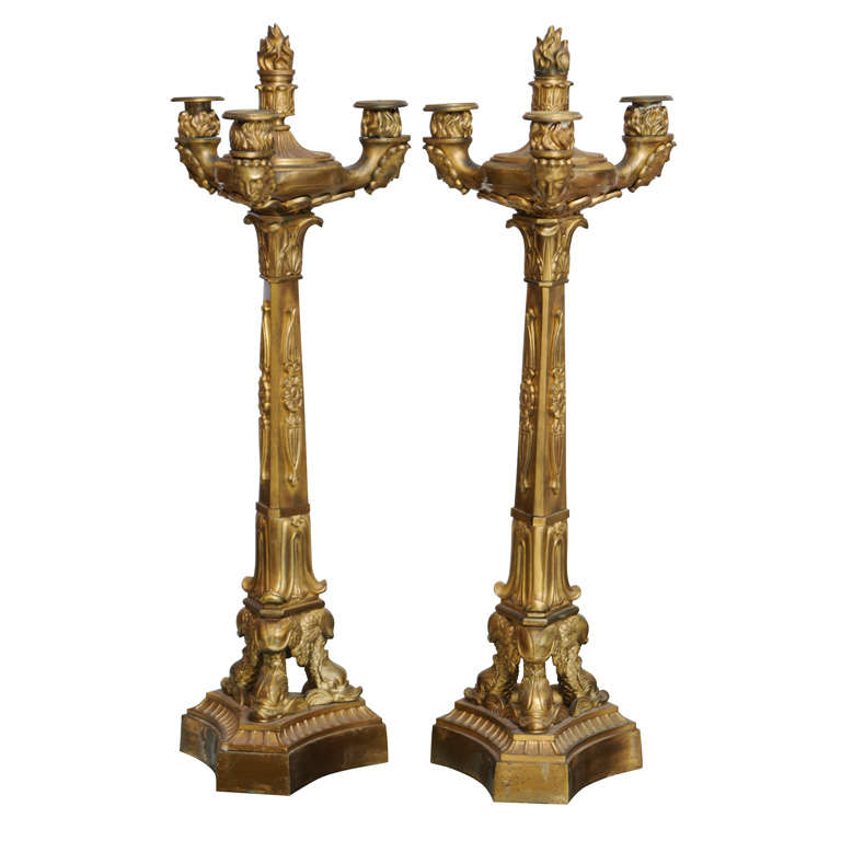 Pair of Directoire Gilt Bronze Three-Light Candelabra For Sale