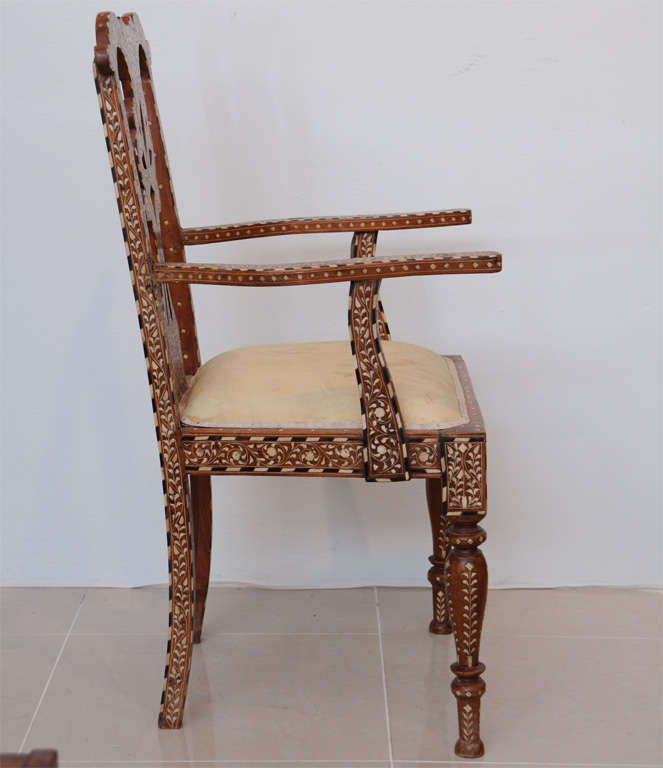 Rare Set of Four Anglo-Indian Hardwood and Bone Inlaid Armchairs In Excellent Condition For Sale In Hollywood, FL