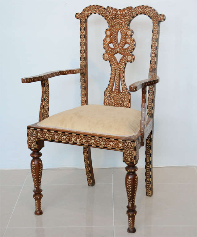 Rare Set of Four Anglo-Indian Hardwood and Bone Inlaid Armchairs For Sale 1