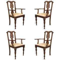Rare Set of Four Anglo-Indian Hardwood and Bone Inlaid Armchairs