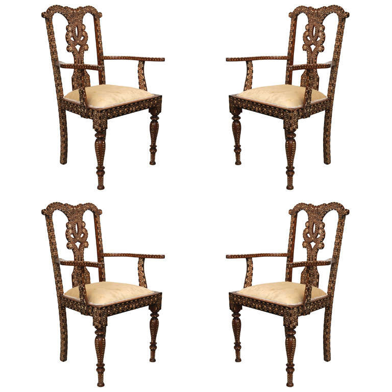 Rare Set of Four Anglo-Indian Hardwood and Bone Inlaid Armchairs For Sale