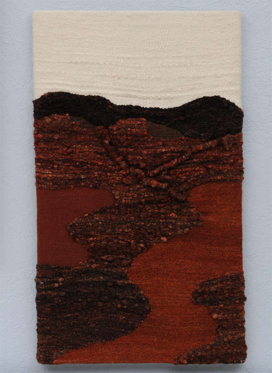 Rich textures and hues combine in this striking handwoven landscape tapestry by textile artist, Sandra Kouremetis, circa 1970.