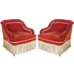 Pair French Armchairs in Orange Velvet