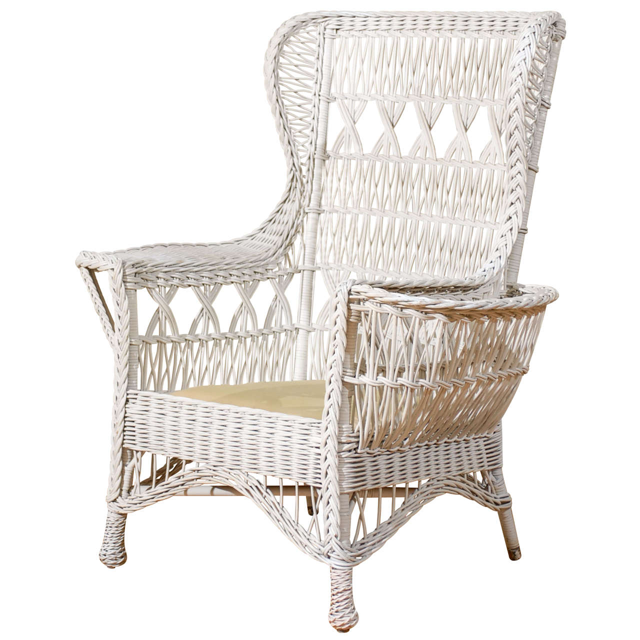Antique American Wicker Wing Chair With Magazine Pocket At 1stdibs