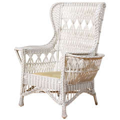 Antique American Wicker Wing Chair with Magazine Pocket
