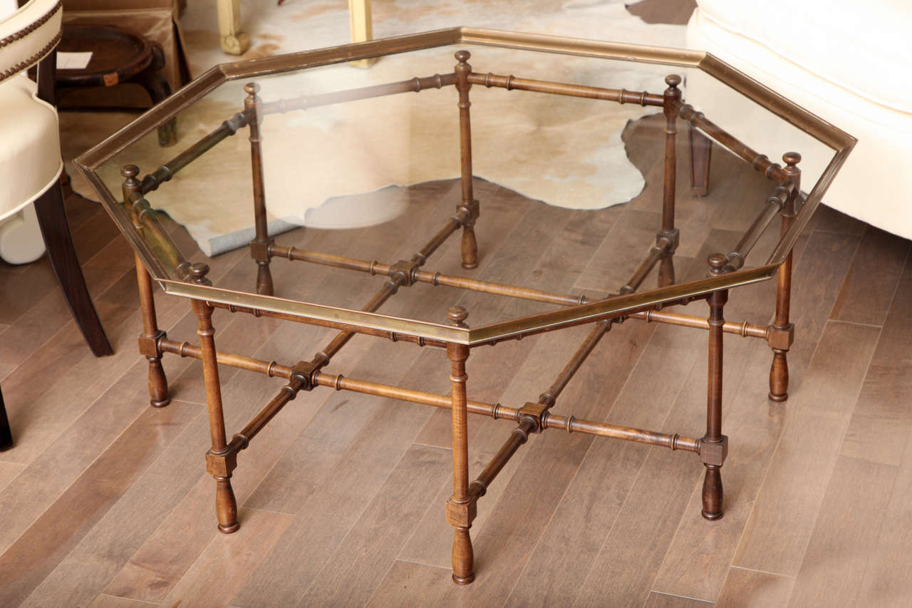 Faux bamboo cocktail table with octagonal glass and brass tray top c. 1960
