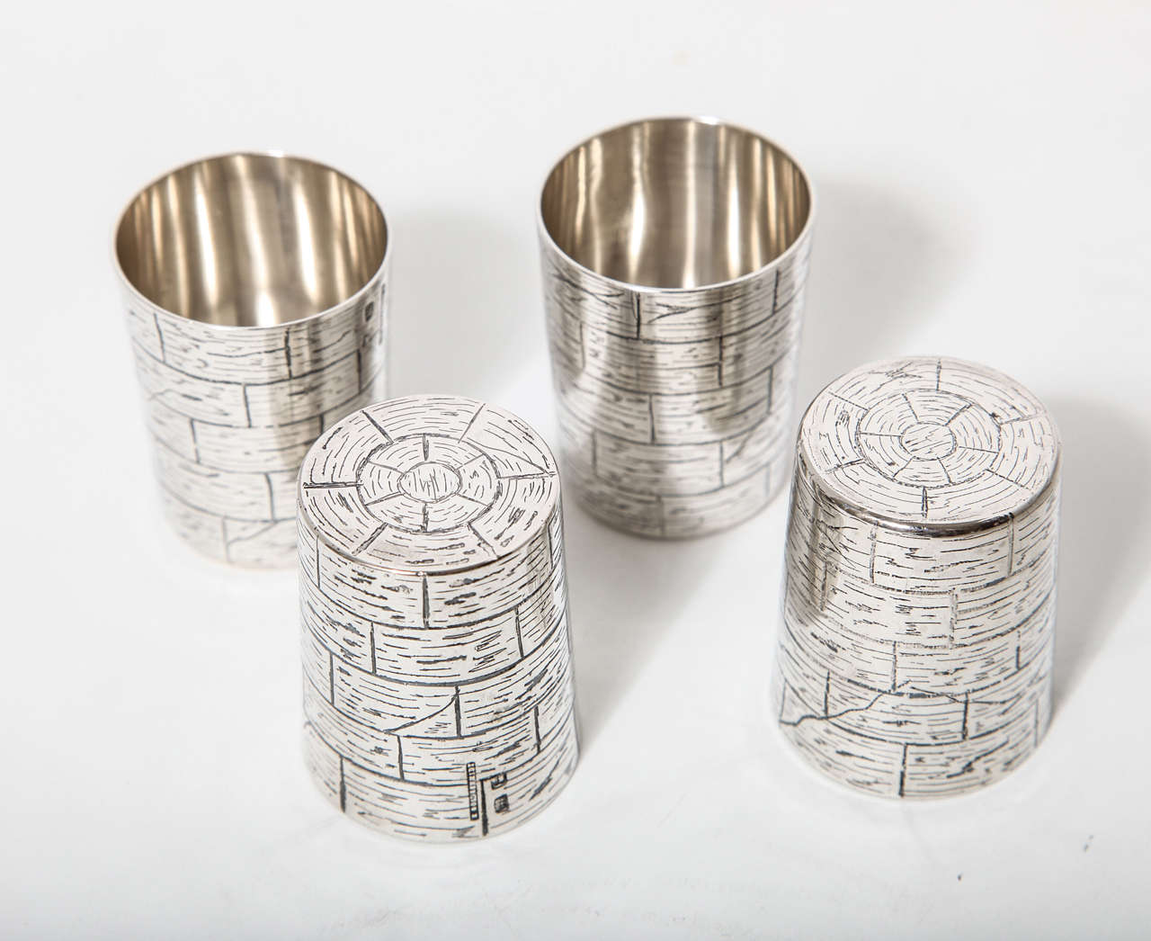 20th Century Set of Four Silver Faux Bois Shot Cups