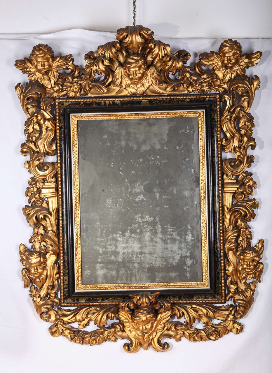 Pair of carved giltwood mirrors refined with precious tortoiseshell rectangular plate scrolled acanthus leaf cresting, architectural elements, winged putti and scrolled flowerheads centered by his original mirrors.

Central Italy, period second half