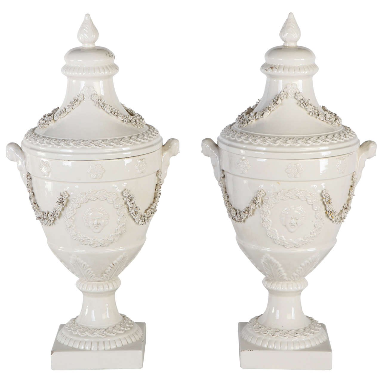  Pair of Italian, White Ceramic  Urn Vases