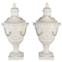 Vintage  Pair of Italian, White Ceramic  Urn Vases