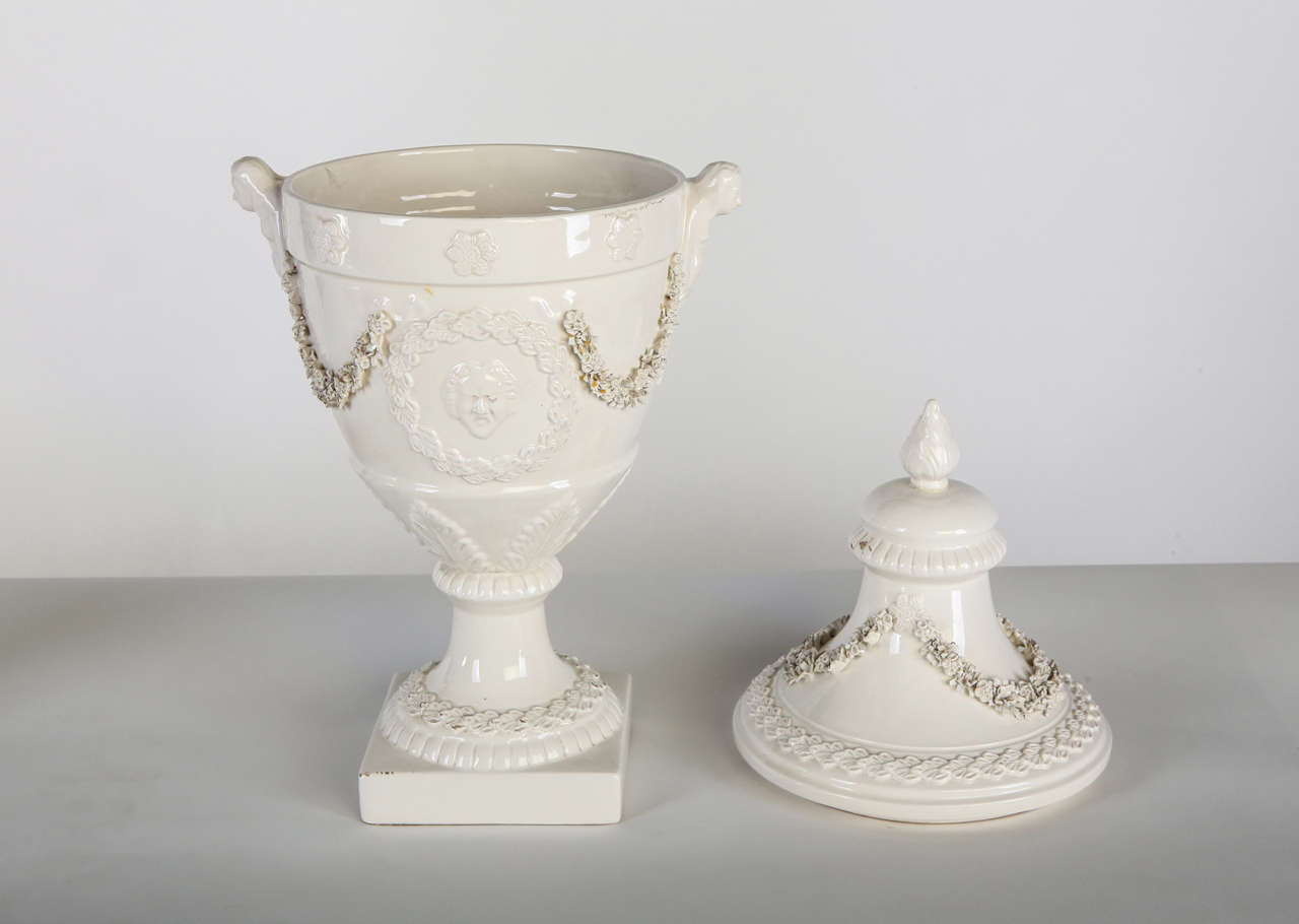 Neoclassical  Pair of Italian, White Ceramic  Urn Vases