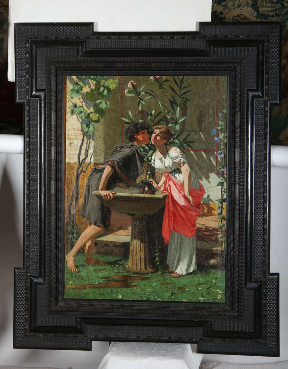 Lovers by a fountain, painting oil on canvas, 
Signed left sight.

Measures: cm 70 x 100 frame 118 x 145

Faustini Modesto. Brescia, 27 maggio 1839 - Roma, 23 marzo 1891.
Born in Brescia in 1839, Modesto Faustini was orphaned at the age of six