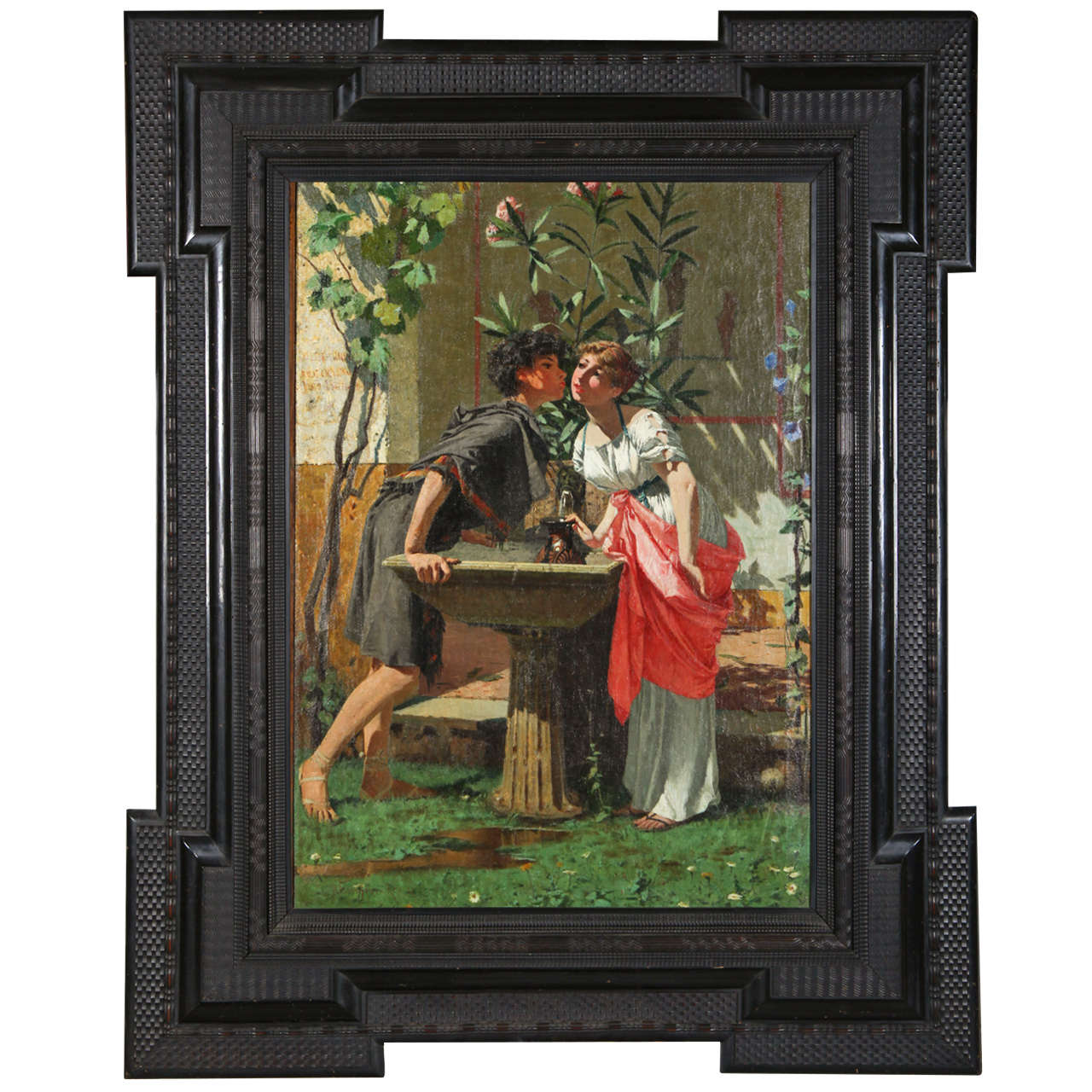 Lovers by a Fountain, Painting Oil on Canvas