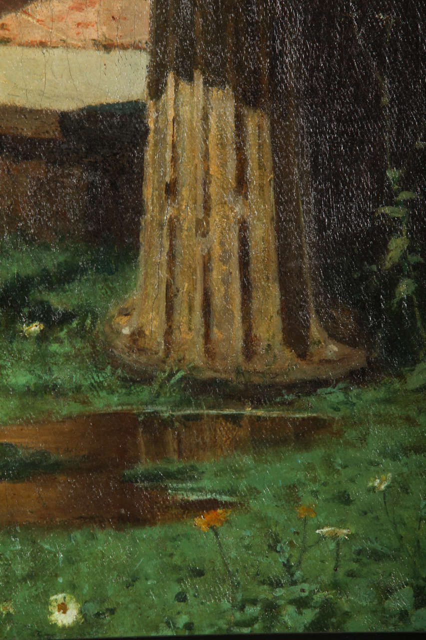 19th Century Lovers by a Fountain, Painting Oil on Canvas