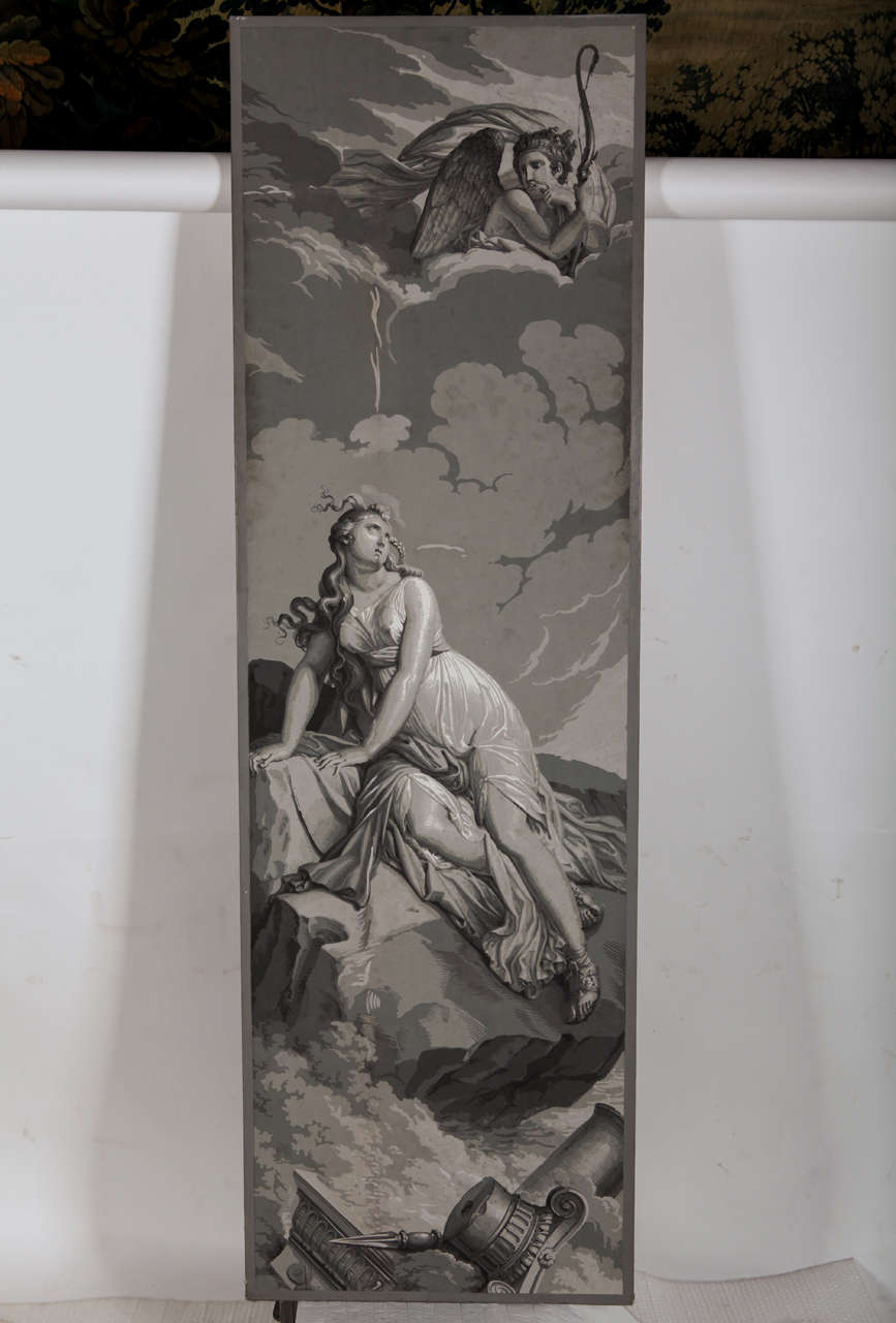 Four Papiers Peints 'En Grisaille' from the Psyche´ series manufactured by Dufour, Paris, after designs by Merry-Joseph Blondel and Louis Lafitte.
-'Psyche´ returning from hades.'
-'Psyche`’s parents consult the oracle of Apollo.'
-'Psyche´