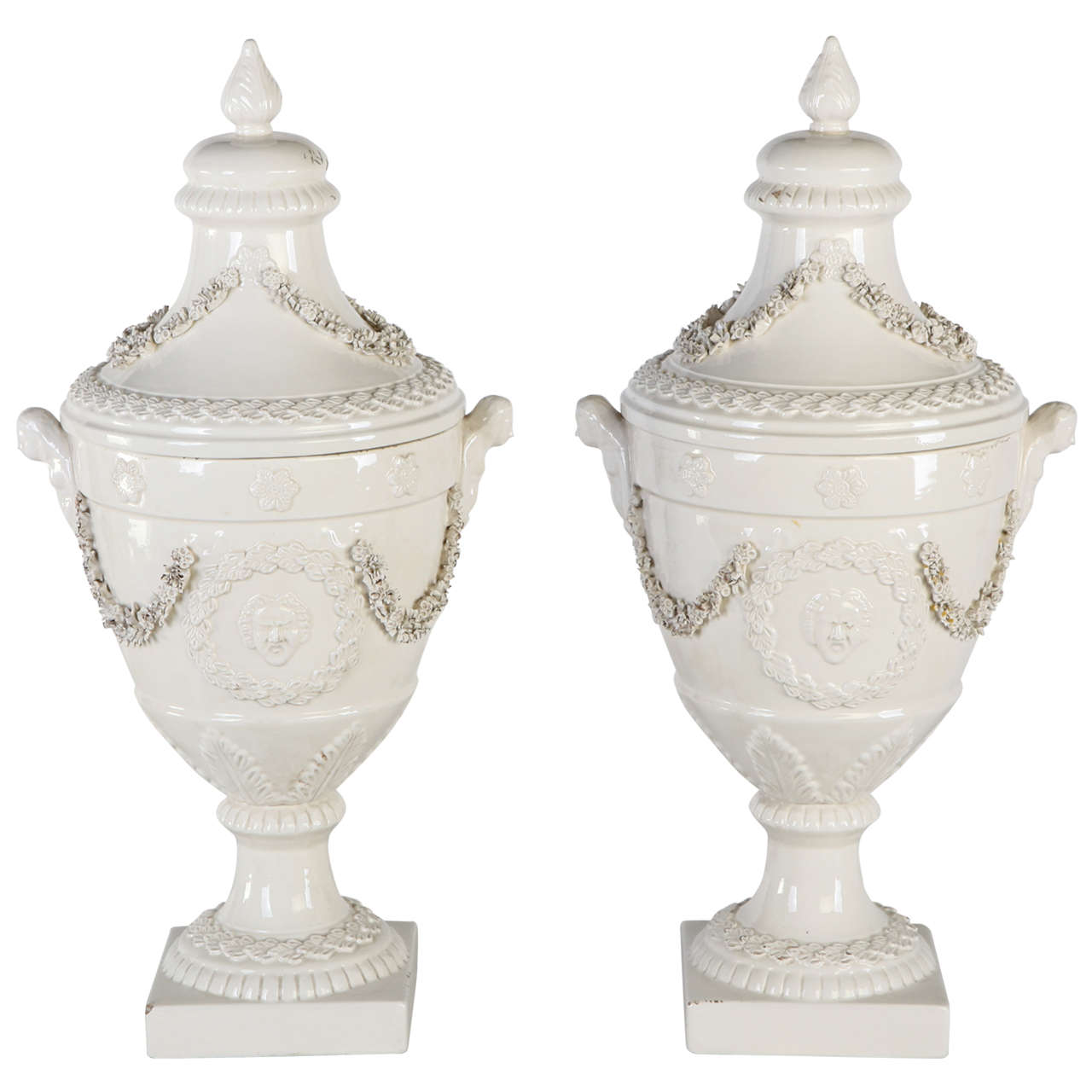 Pair of Italian, White Ceramic Urn Vases at 1stdibs