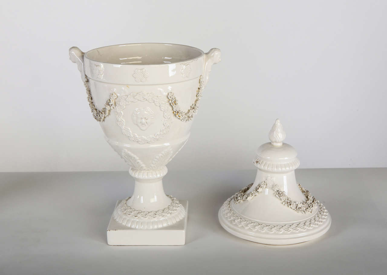 Pair of Italian, White Ceramic Urn Vases at 1stdibs