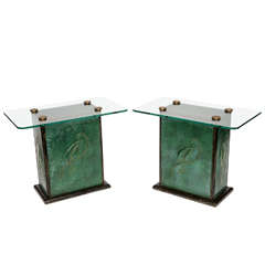 An Unusual Pair of Glass, Leather and Ebonised Tables, Grosfield House