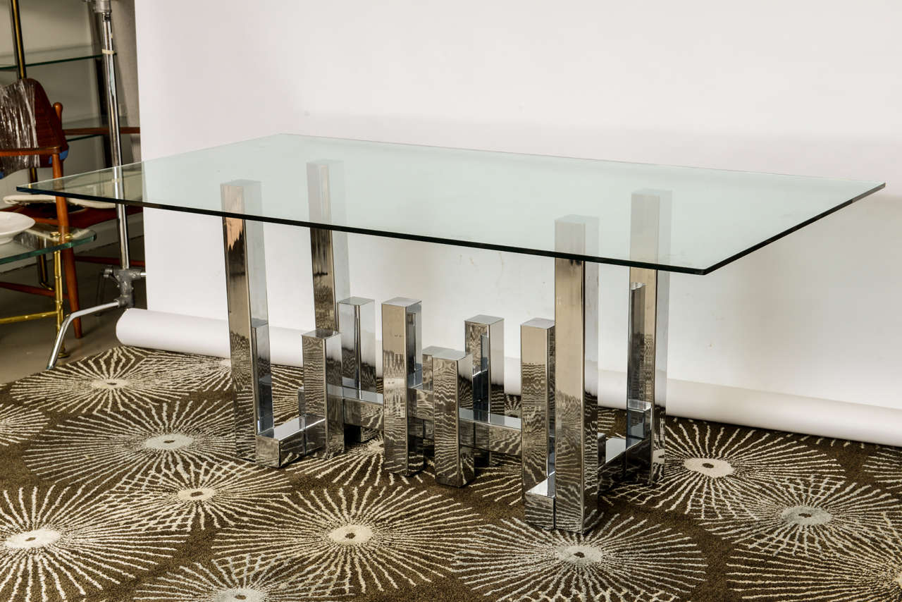 the rectangular glass above a series of tiered chrome steps