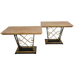 A Pair of Late Art Deco Gilt Iron and Marble Console Tables, France