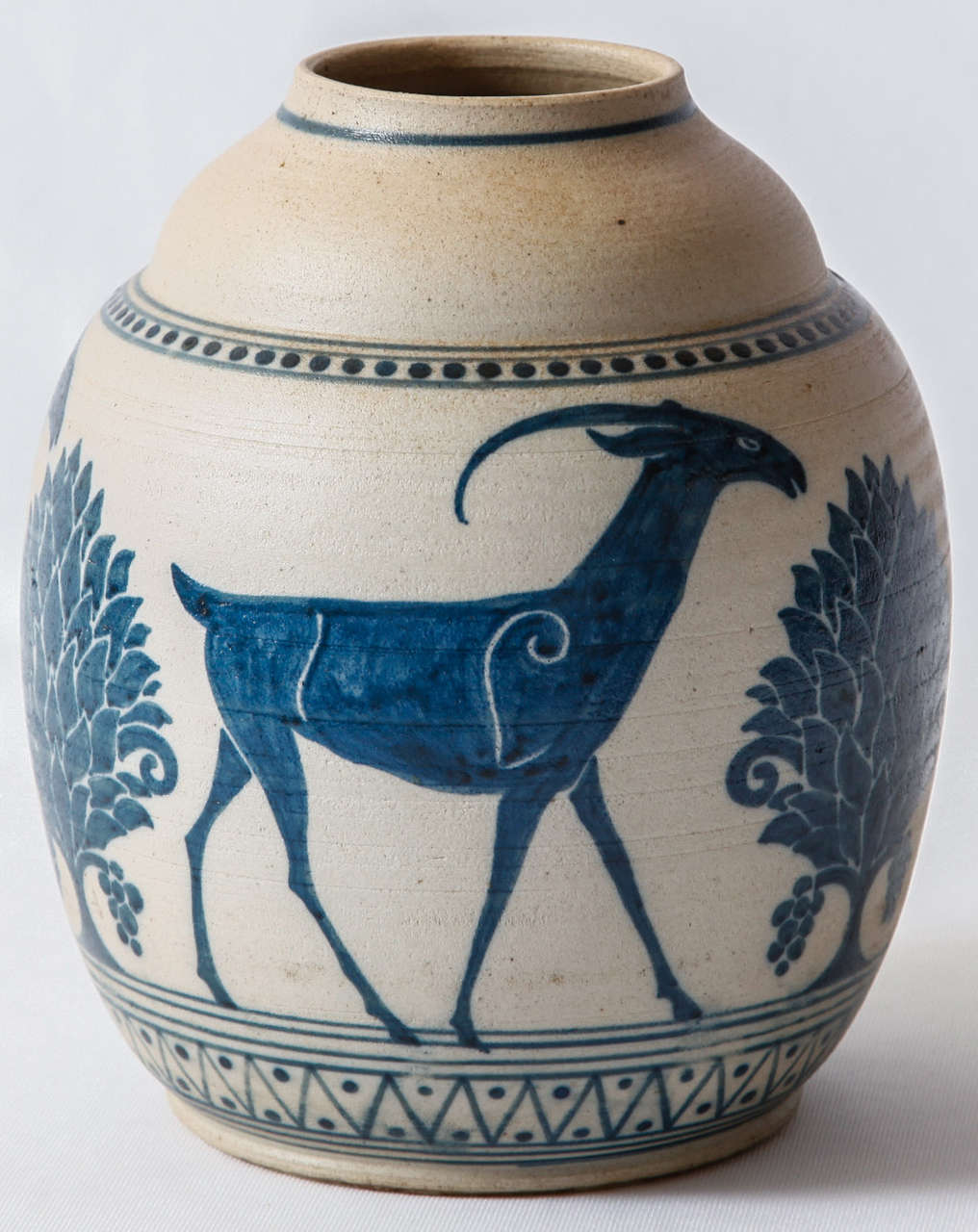 Ovoid vase in stoneware with a blue decor of stylized animals and plants designed by the Italian artist Galileo Chini (1973-1956) and executed by his own ceramic workshop located in Mugello, Italy.
Stile Liberty (Italian Art nouveau) period, circa