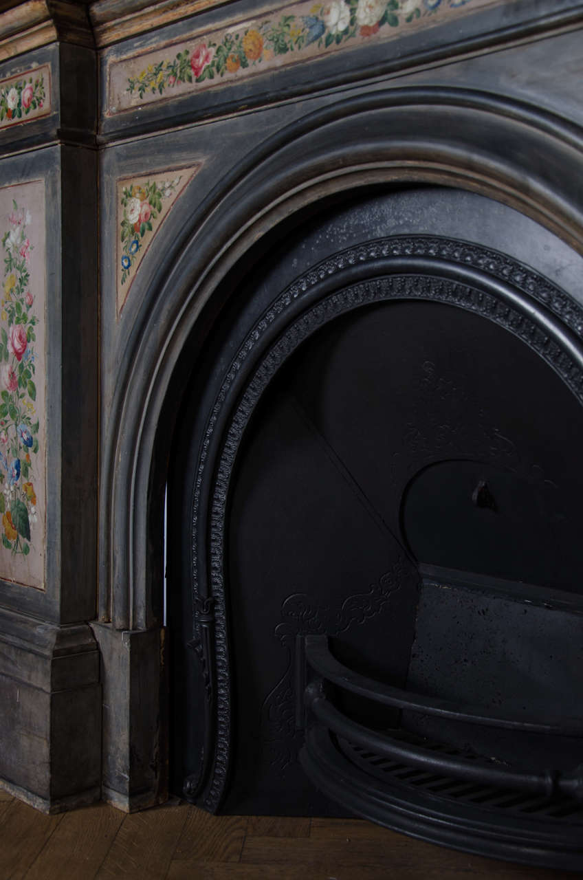19th Century Antique Early Victorian Hand-Painted Slate Arched Fireplace Surround and Insert