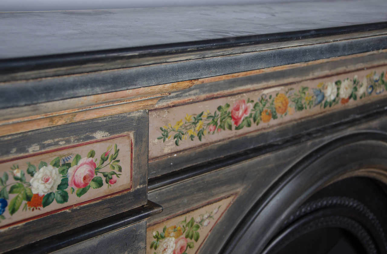 19th Century Antique Early Victorian Hand-Painted Slate Arched Fireplace Surround and Insert
