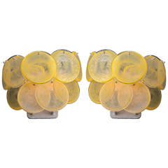 Pair of Vintage Italian Murano Glass Disk Sconces in the Style of Vistosi