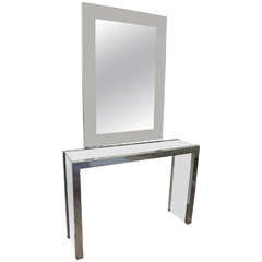 Chrome Glass Top Console Table with White Lacquer Details
