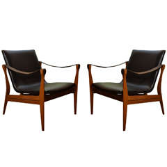 Pair of Safari Chairs by Karen and Ebbe Clemmensen in Black Leather