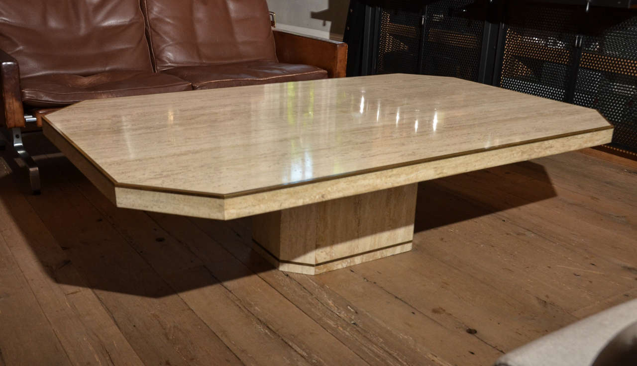 Beautiful Midcentury Coffee Table in Travertine with Brass Detail.