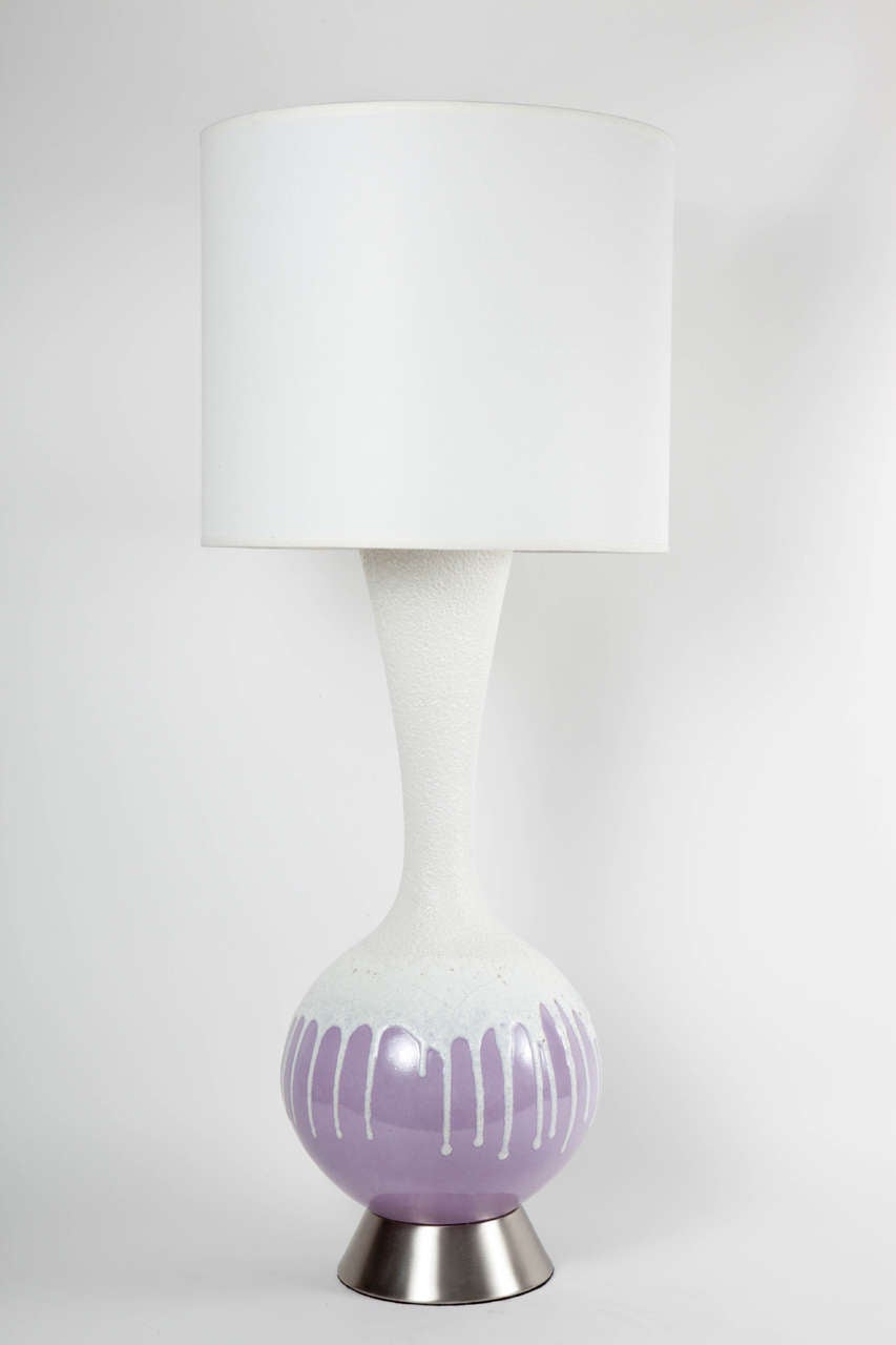Fantastic pair of Lilac glazed ceramic lamps with a white froth/lava overglaze on satin nickel bases. Lamps rewired with new cords and sockets.