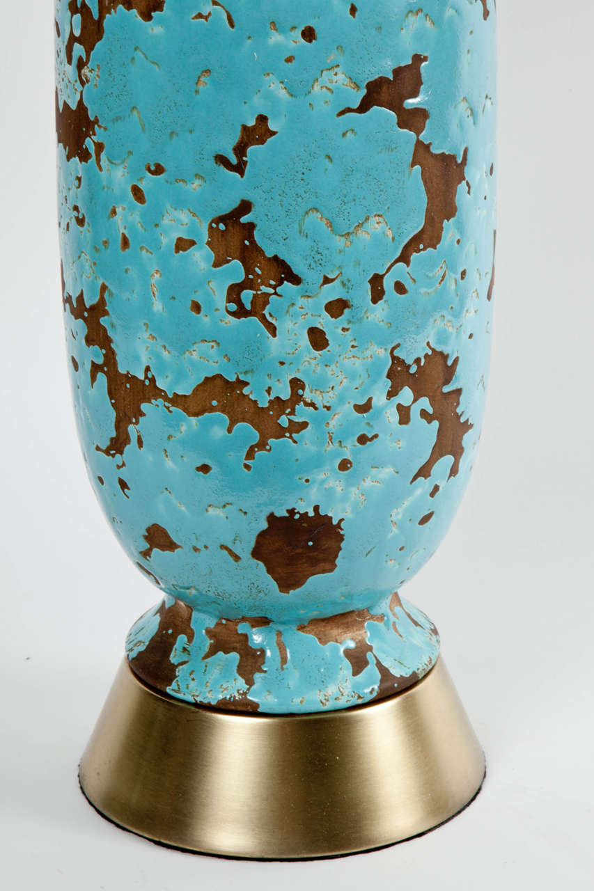 Mid-Century Modern Pair of 1950s Italian Turquoise Glazed Ceramic Lamps